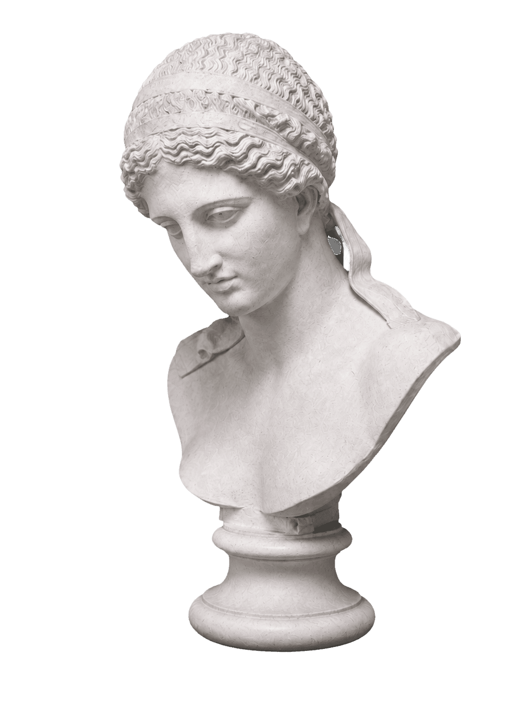 Buste d’époque néoclassique en plâtre blanc, vue trois-quarts